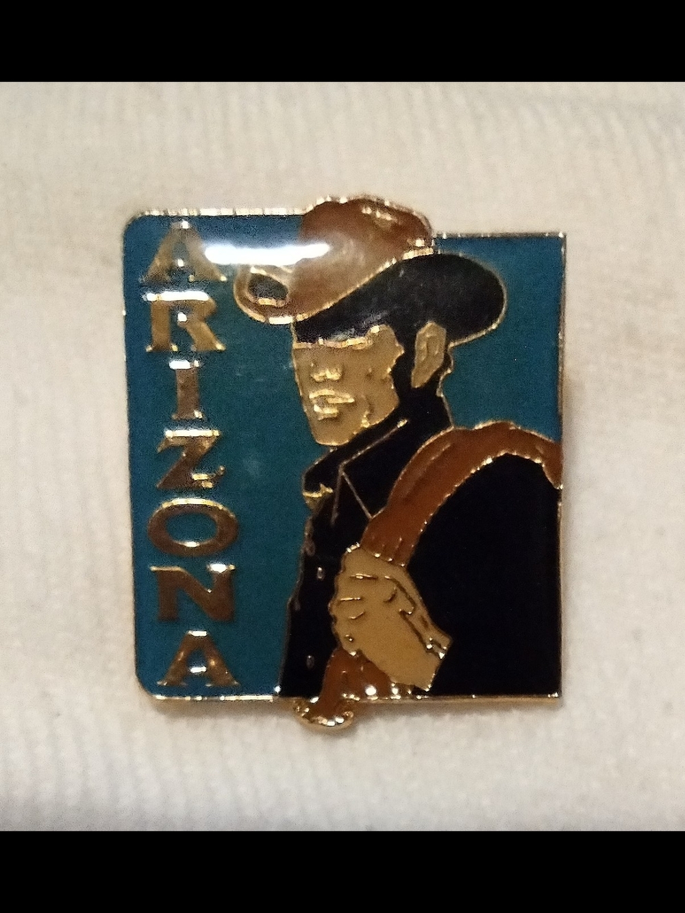 Vintage Arizona Cowboy Enamel Pin - Teal, Black & Brown